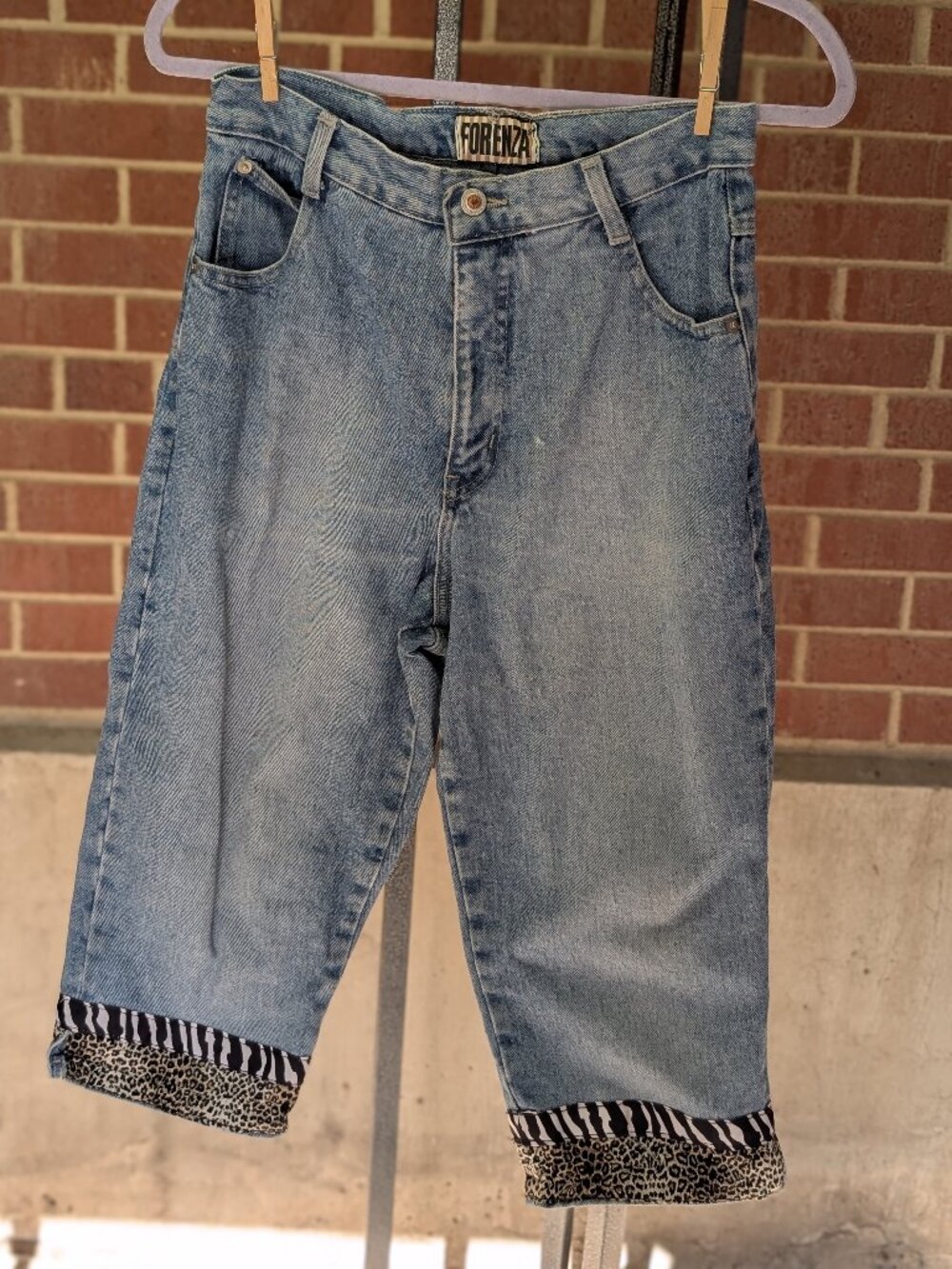 Vintage 90s Rare Forenza High Rise Denim Mom Capri Animal Print Cuff Women's 10